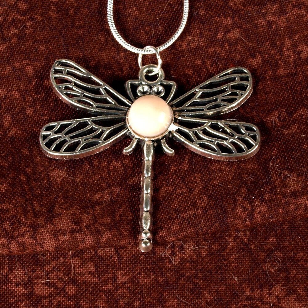 Silver Dragon Fly with White Body Necklace